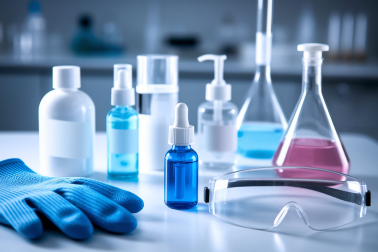 table-laboratoire-conteneurs-gants-lunettes