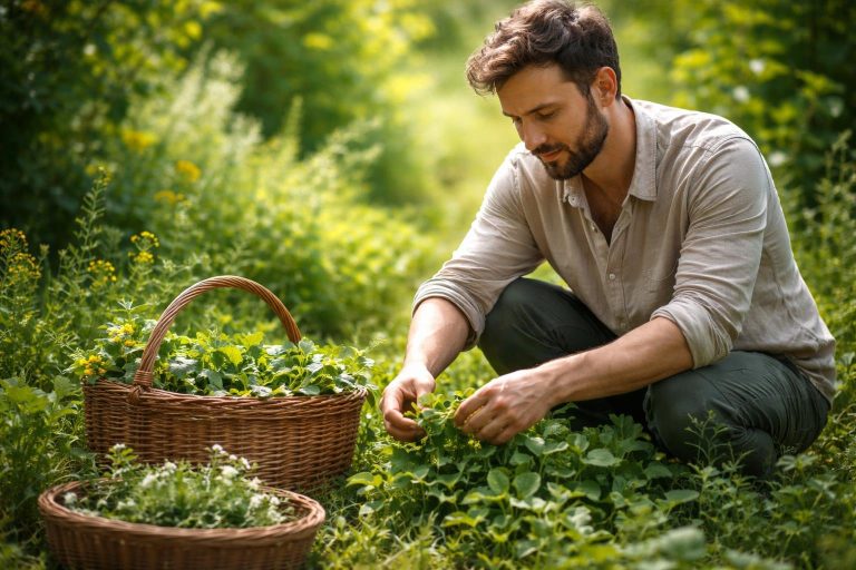 adulte-cueillant-feuilles-jardin-verdoyant