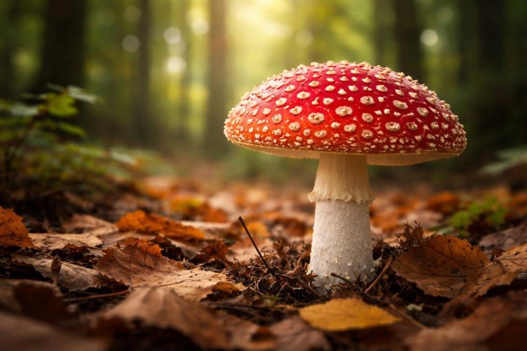champignon-rouge-blanc-feuilles-foret