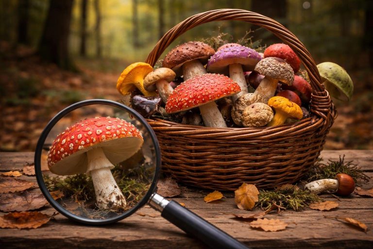 panier-champignons-loupe-foret-floue