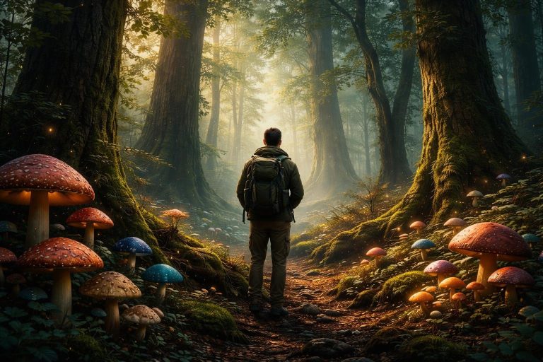 foret-mystique-arbres-champignons-randonneur