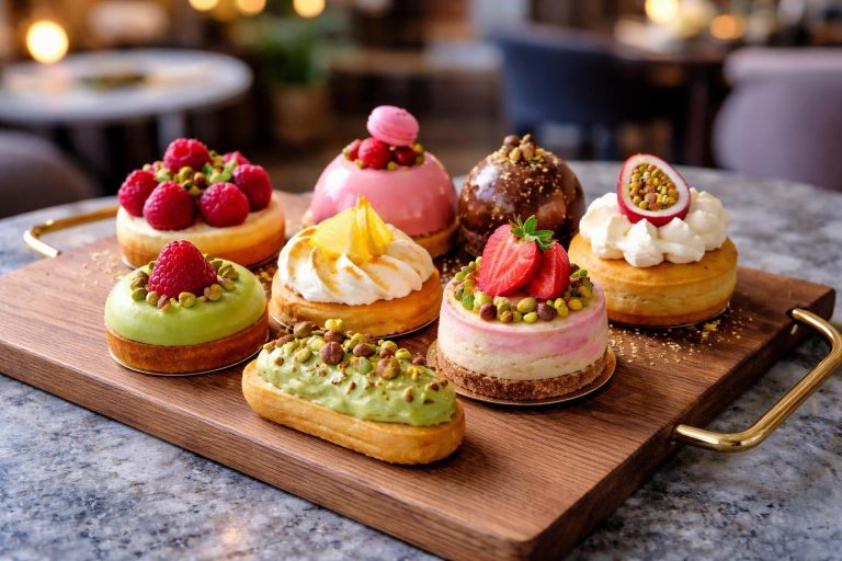 patisseries-colorees-plateau-bois-table