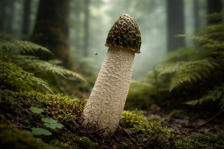 foret-verdoyante-champignon-phallus-brume