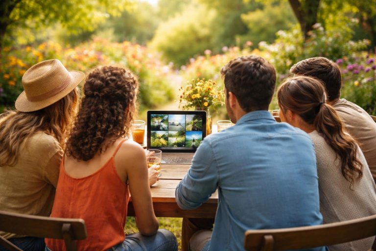 groupe-personnes-tablette-jardin-fleuri