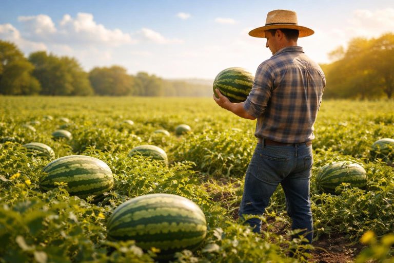 champ-pasteques-agriculteur-chapeau-paille