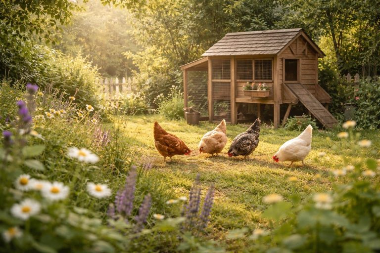 jardin-poulailler-poules-herbes-matin