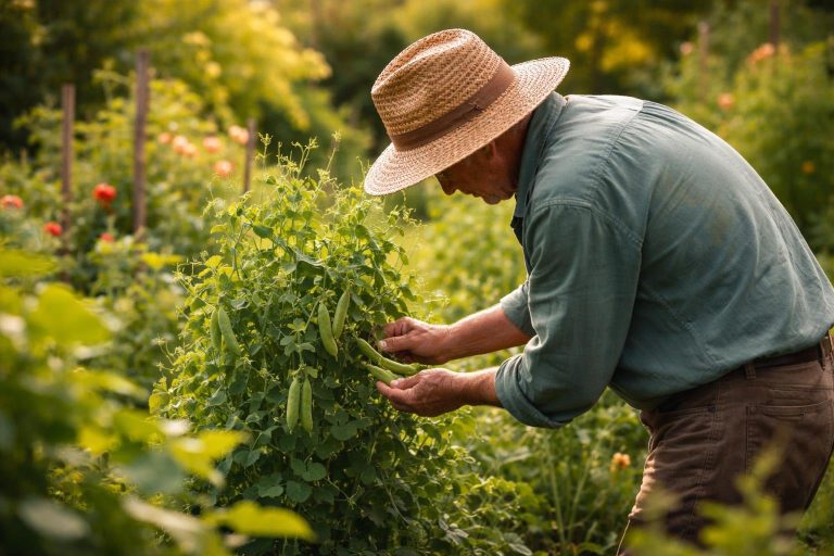 jardinier-chapeau-paille-cueille-petits-pois