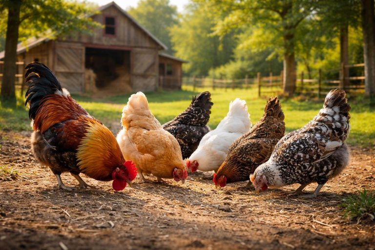 poulets-enclos-ferme-plumes-colorees