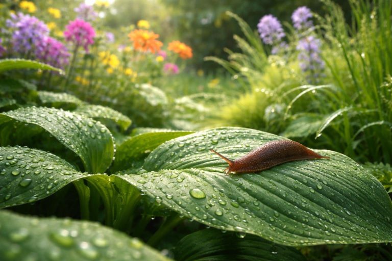 jardin-verdoyant-limace-feuille-fleurs