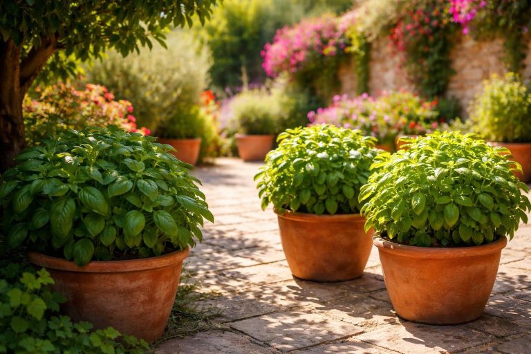 jardin-mediterraneen-pots-basilic-fleurs